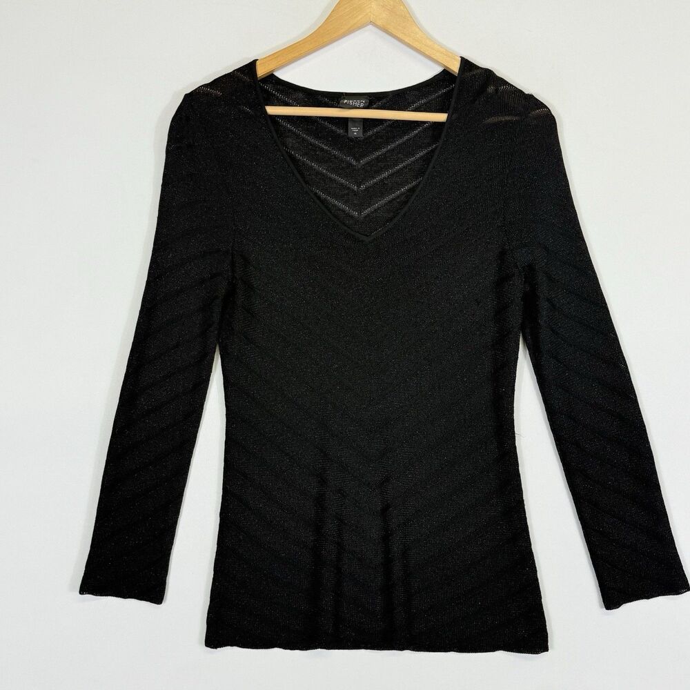 Eileen Fisher Sweater Top Women Medium Black Chevron Metallic Quiet Luxe Office - Picture 1 of 5